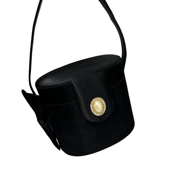 Carla Marchi Black Satin Evening Bag Top Handle Hard Case Purse Bow Rhinestones - Picture 10 of 10
